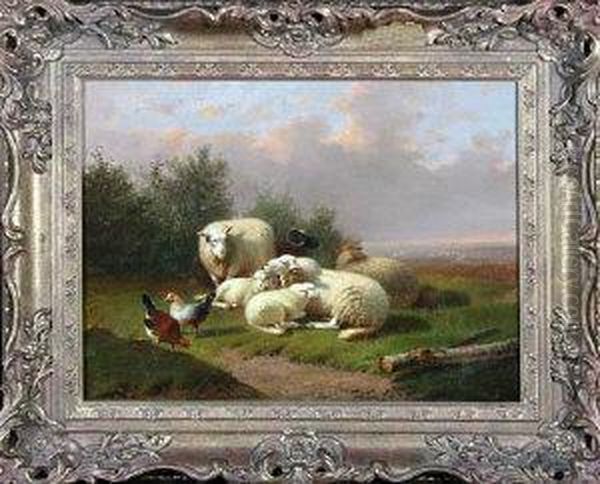 Sheep And Poultry In A Meadow Oil Painting by Joseph Van Dieghem