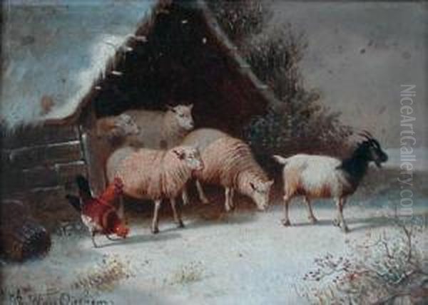 Farm Animals In Winter Landscape Oil Painting by Joseph Van Dieghem