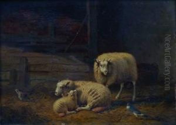 Moutons Dans La Bergerie Oil Painting by Joseph Van Dieghem