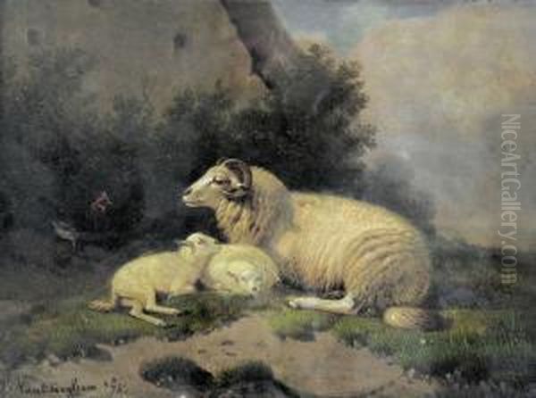 Widder Mit Lammern. Oil Painting by Joseph Van Dieghem