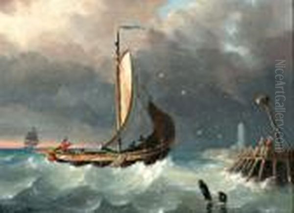 Vissersboot Op Woelige Zee Voor De Kust Oil Painting by Joseph Van Dieghem