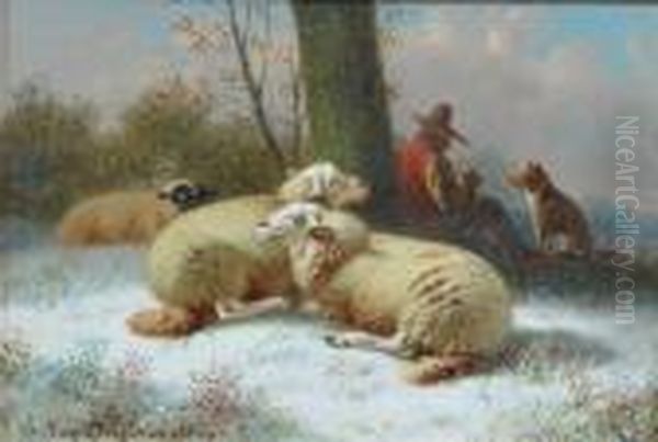 Shepherd Resting With His Charges Oil Painting by Joseph Van Dieghem