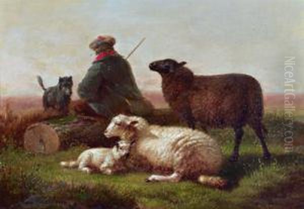 Schafhirte Mit Seinem Hund Und Seinen Schafen Oil Painting by Joseph Van Dieghem