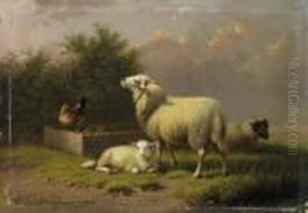 Sheep By The Feeding Trough. Signed And Dated Lower Left: Jh. Van Dieghem 1884 Oil Painting by Joseph Van Dieghem