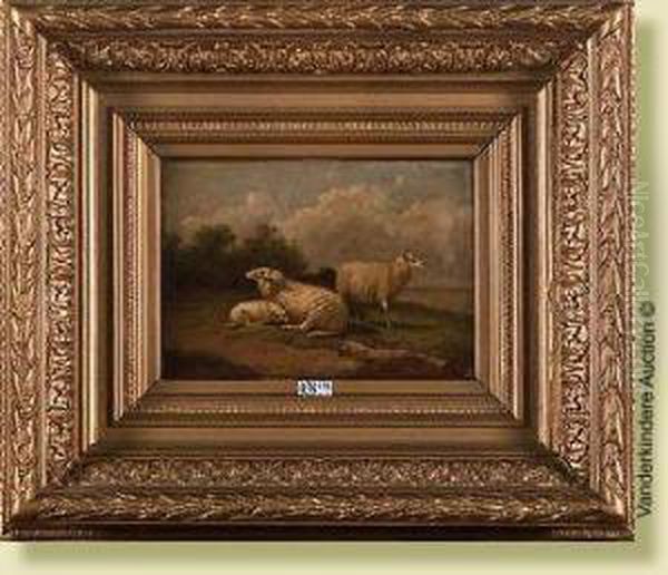 Moutons Au Pre Oil Painting by Joseph Van Dieghem