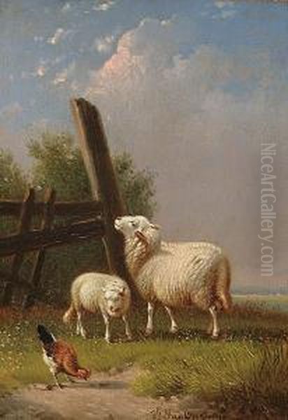 Ewes And A Lamb; Sheep And A Chicken Oil Painting by Joseph Van Dieghem