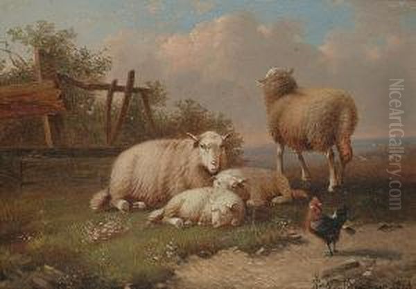 Sheep And Chickens In A Landscape; Sheep And Chickens By A Stile Oil Painting by Joseph Van Dieghem