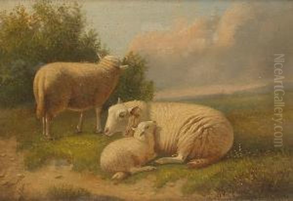 Sheep And A Lamb In A Pasture Oil Painting by Joseph Van Dieghem