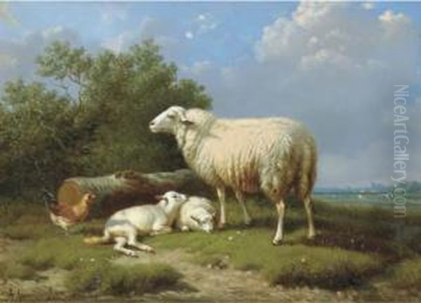 Sheep With Her Lambs Oil Painting by Joseph Van Dieghem