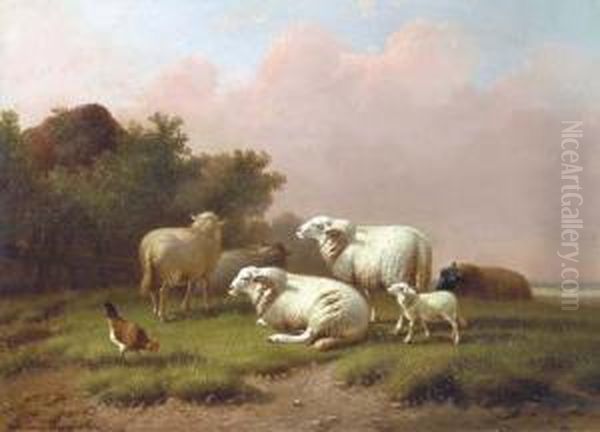 Sheep In A Meadow At Sunset Oil Painting by Joseph Van Dieghem