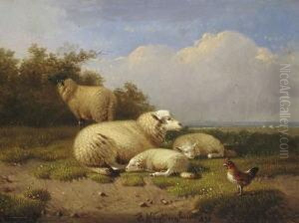 Schafe Und Huhn Auf Der
 Weide. Oil Painting by Joseph Van Dieghem