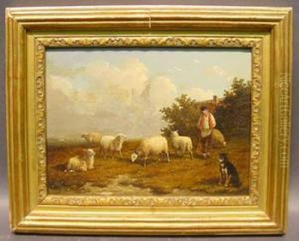 Shepherd With His Flock Oil Painting by Joseph Van Dieghem