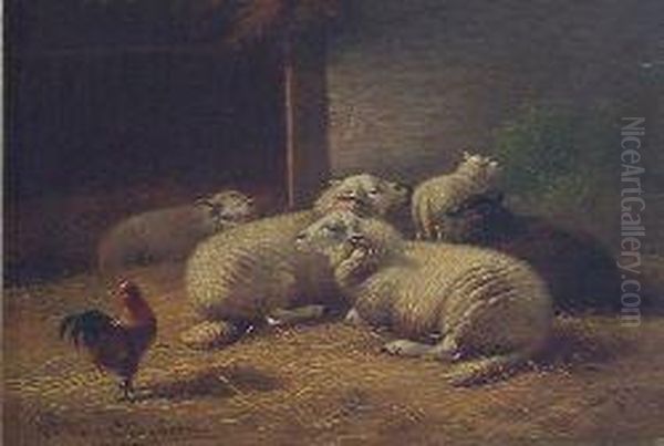 Sheep And Cockerel In A Stable Oil Painting by Joseph Van Dieghem