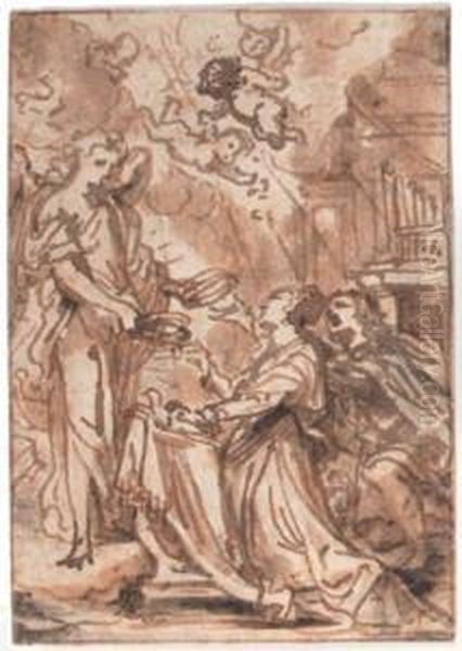 An Angel Presenting Crowns To A Kneeling Couple In A Church, Puttiabove Oil Painting by Abraham Jansz. van Diepenbeeck