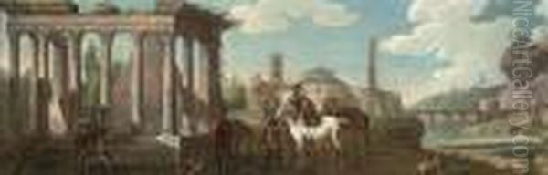 A River Landscape With Roman 
Ruins And Travellers Resting Their Horses, A Washerwoman Beyond: An 
Overdoor Oil Painting by Adriaen Van Diest