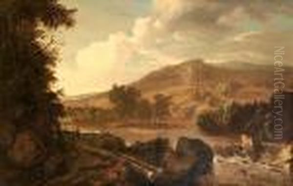 An Extensive River Landscape With Figures On The Banks Beside A Waterfall Oil Painting by Adriaen Van Diest