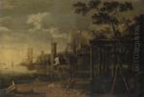 A Capriccio Of A Harbour With Men-'o-war Flying The Colours Ofrotterdam And Ostend Oil Painting by Adriaen Van Diest