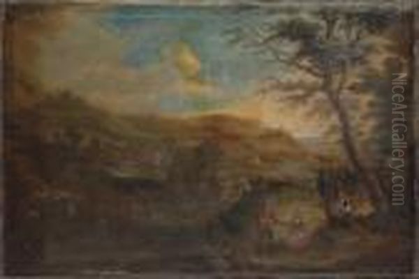 An Extensive Wooded River Landscape With An Amorous Couple On The Bank, A Town Beyond Oil Painting by Adriaen Van Diest