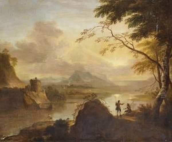 An Extensive River Landscape At Dawn With Fishermen Casting Their Nets In The Foreground Oil Painting by Adriaen Van Diest