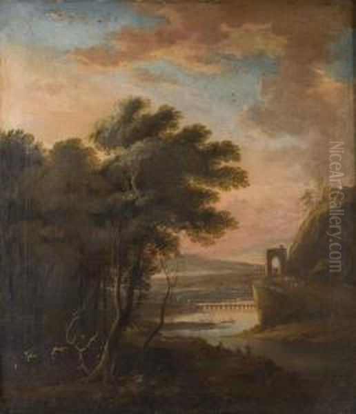 Paesaggio Fluviale Al Tramonto Con Viandante E Pescatori Oil Painting by Adriaen Van Diest