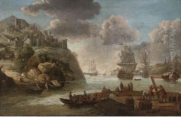 A Squadron Of The Royal Navy In A Mediterranean Harbour Oil Painting by Adriaen Van Diest