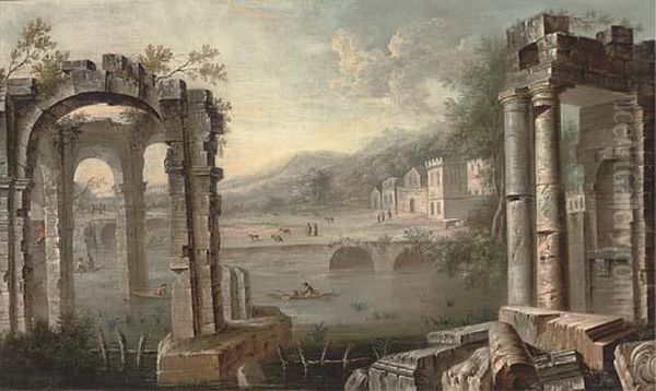 A Capriccio Of Classical Ruins By A River Oil Painting by Adriaen Van Diest