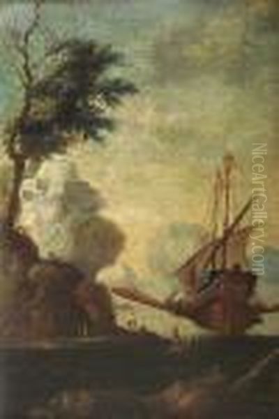 On The Italian Coast With Ship And Figures Oil Painting by Adriaen Van Diest