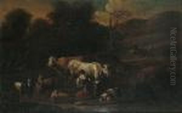 A Milkmaid With Cattle And Goats In A Landscape Oil Painting by Adriaen Van Diest