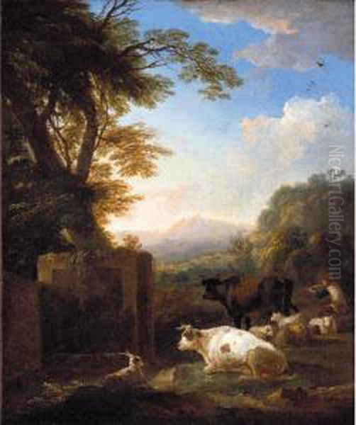 An Italianate Landscape With A Piping Herdsman Tending His Animals by Adriaen Van Diest