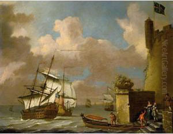 Seascape With Elegant Figures Approaching A Barge, With British Men Of War Beyond Oil Painting by Adriaen Van Diest