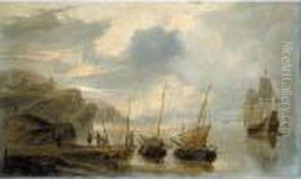 A Coastal Scene With Fishing Vessels And An English Man Of War With Figures On The Shore Oil Painting by Adriaen Van Diest