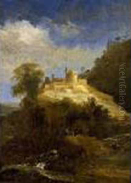 A Mountainous Landscape With A 
Goat Near A Stream And Travellers On A Path Towards A Castle Oil Painting by Adriaen Van Diest