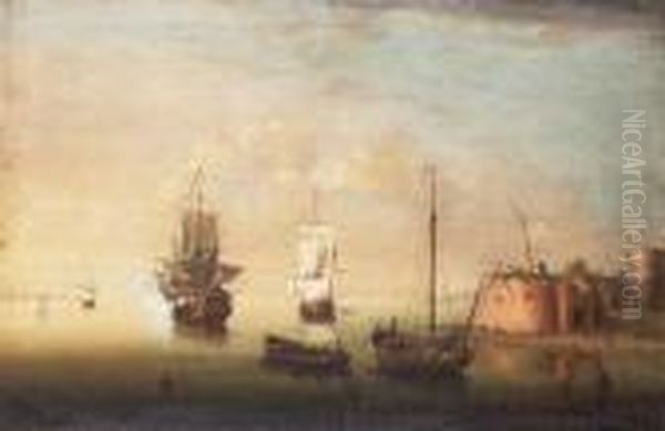 A Coastal Inlet With Moored Dutch Shipping Oil Painting by Adriaen Van Diest