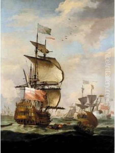 The English Fleet At Sea Oil Painting by Adriaen Van Diest