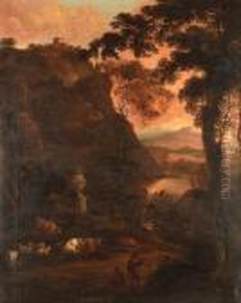 An Italianate Landscape With Drovers And Cattle Beside A Waterfall Oil Painting by Adriaen Van Diest