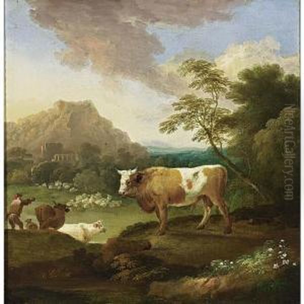 An Italianate Landscape With A 
Bull In The Foreground And A Shepherd With His Herd Nearby Oil Painting by Adriaen Van Diest