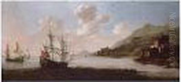 English Man-of-war Off The Coast Oil Painting by Adriaen Van Diest