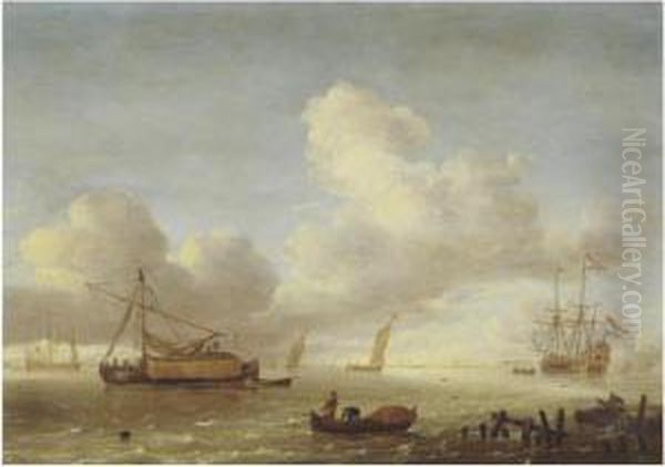 Ships In An Estuary With Fishermen And A Jetty In The Foreground Oil Painting by Hieronymous Van Diest