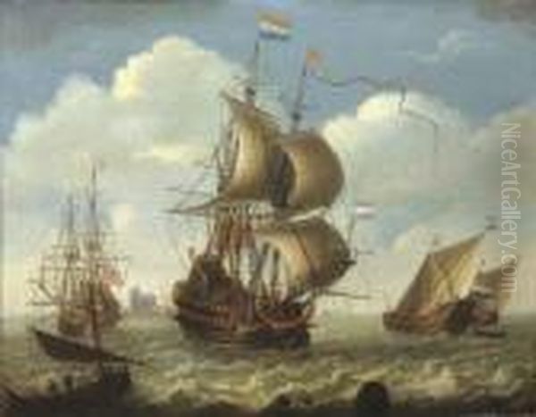 English And Dutch Men-o'-war On The River Merwede, Dordrecht Beyond Oil Painting by Hieronymous Van Diest