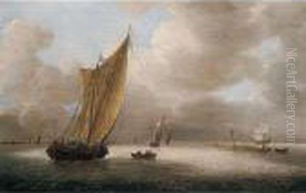 A Dutch Smalschip, A Frigate And Other Light Shipping In A Breeze Oil Painting by Hieronymous Van Diest