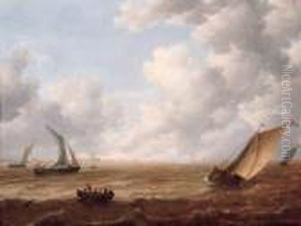 A Wijdschip Tacking Offshore In A
 Stiff Breeze With A Smalschip Andsailors In A Rowing Boat Nearby, On A 
Cloudy Day Oil Painting by Hieronymous Van Diest