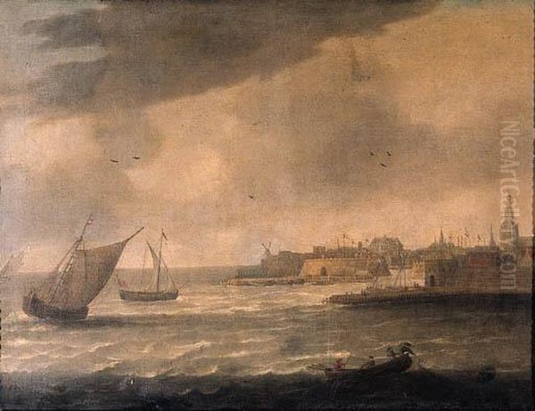 A View Of Flushing From The 
Schelde With The Windmill De Leugenaeron The Left, The Townhall And The 
Grote Kerk On The Right, Withshipping On The River Nearby, The Oude 
Waterpoort At The Entry Ofthe Harbour Beyond Oil Painting by Hieronymous Van Diest