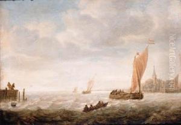 A Wijdschip Before The Wind 
Approaching A Harbour, With A Pink Andother Shipping Beyond, Anglers On A
 Jetty Nearby Oil Painting by Hieronymous Van Diest