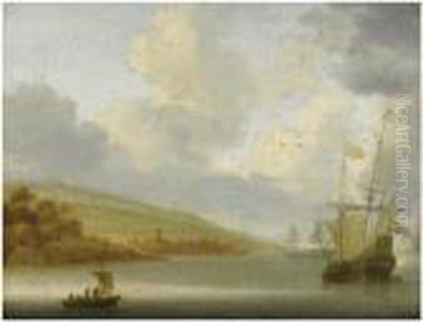 A Calm Marine Landscape With Dutch Ships At Anchor Oil Painting by Willem van Diest