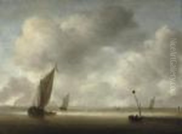 A Calm With Fishing Boats And Fishermen In The Foreground Oil Painting by Willem van Diest