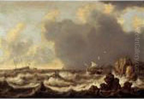 Ships At Anchor, A Sailing Boat And A Rowing Boat In Stormy Waters Oil Painting by Willem van Diest