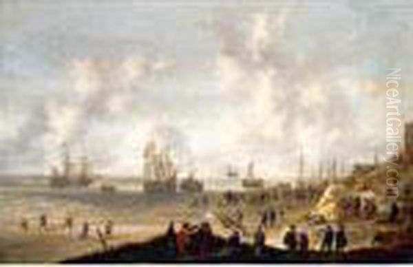 Dutch Soldiers On The Beach At Scheveningen Firing At Spanish Ships Oil Painting by Willem van Diest