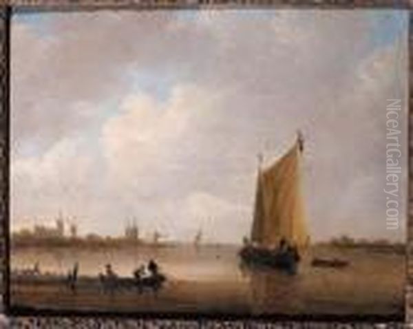 Fishermen Hauling In Their Nets In A River Estuary, A Smalschipnearby, A Town Beyond Oil Painting by Willem van Diest