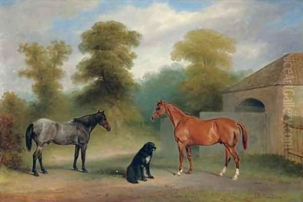 A chestnut hunter with a roan pony and dog before a stable Oil Painting by Claude L. Ferneley