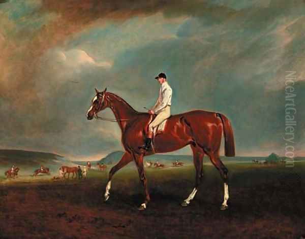 A chestnut racehorse with jockey up, with horses exercising beyond Oil Painting by Claude L. Ferneley